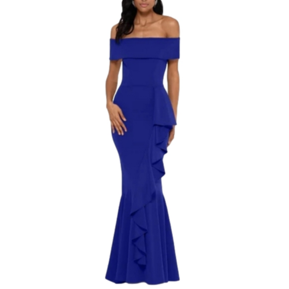 Betsy and Adam Long Off Shoulder Ruffle Dress Size 12